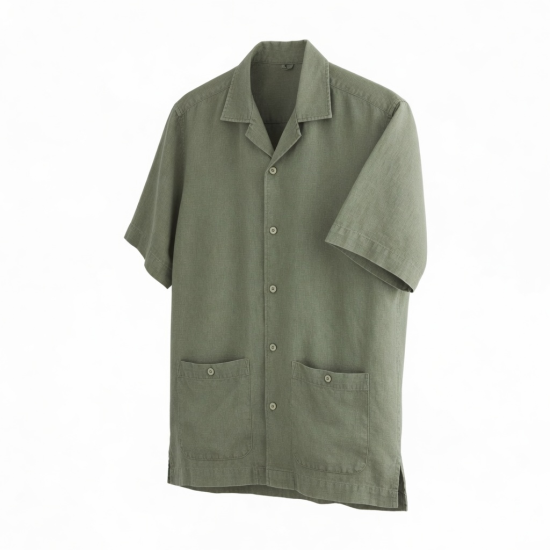 Men's Short Sleeve Washable Linen Camp Shirt in Sage Green Org 70