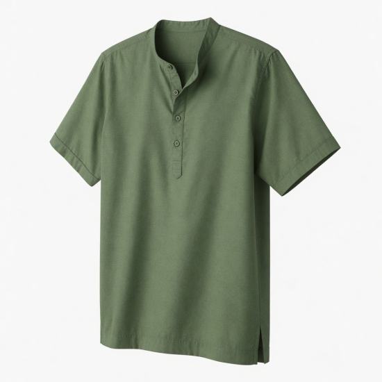 Men's Crew Neck 1/4 Button Short Sleeve Green Casual Shirt
