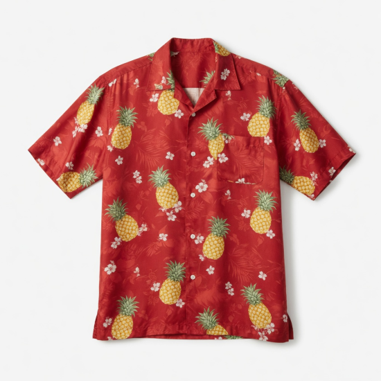 Men's Red Silk Blend Tropical Hawaiian Pineapple Short Sleeve Shirt