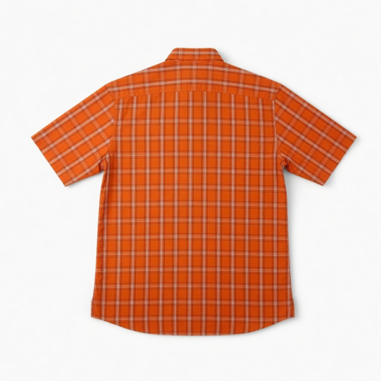 Men's Orange Plaid Button Down Short Sleeve Shirt Casual Cotton