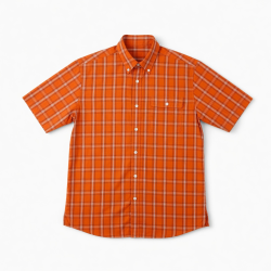 Men's Orange Plaid Button Down Short Sleeve Shirt Casual Cotton