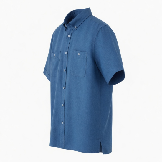 Men's Blue Solid Linen Short Sleeve Button-Up Shirt Pockets