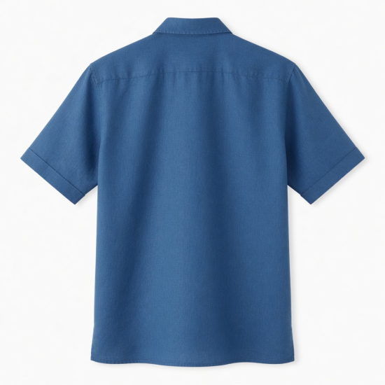 Men's Blue Solid Linen Short Sleeve Button-Up Shirt Pockets