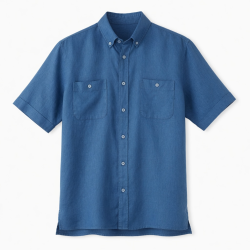 Men's Blue Solid Linen Short Sleeve Button-Up Shirt Pockets