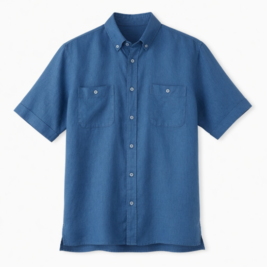 Men's Blue Solid Linen Short Sleeve Button-Up Shirt Pockets