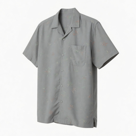 Men's Shirt Gray Hawaiian Bamboo Button Down Short Sleeve