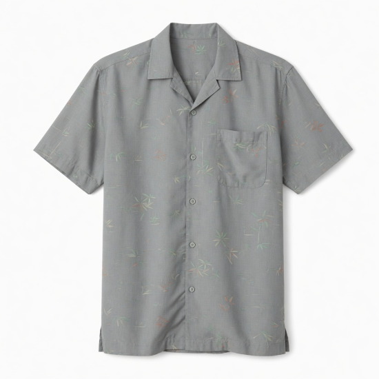 Men's Shirt Gray Hawaiian Bamboo Button Down Short Sleeve