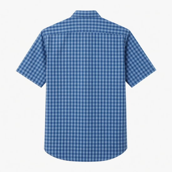 Men's Blue Check Short Sleeve Button Front Shirt Cotton