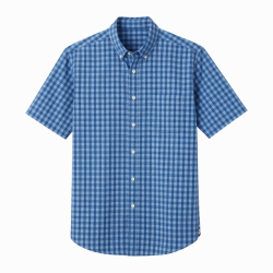 Men's Blue Check Short Sleeve Button Front Shirt Cotton
