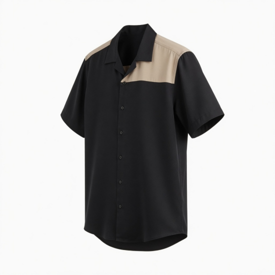 Men's Circa Button Shirt Black & Beige Short Sleeve 100% Silk