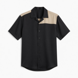 Men's Circa Button Shirt Black & Beige Short Sleeve 100% Silk