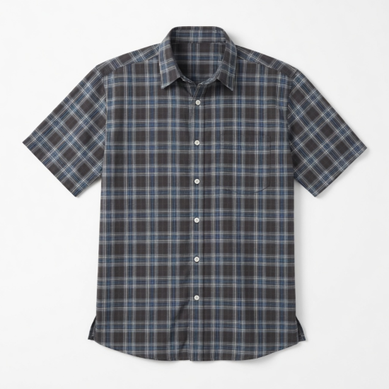 Men's Short Sleeve Plaid Shirt Cotton-Polyester DK Gray