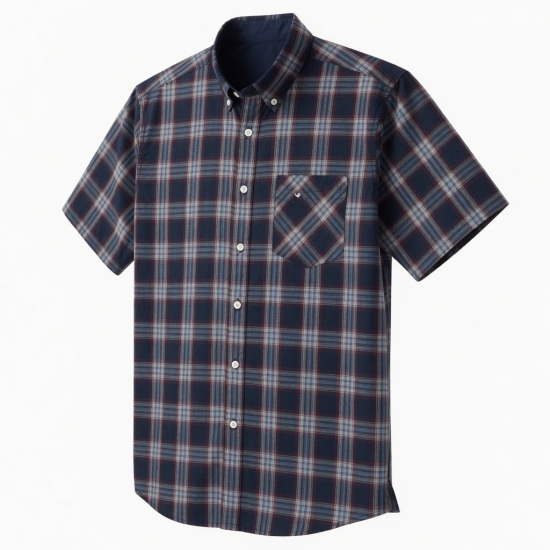 Men's Short Sleeve Plaid Shirt Cotton-Polyester DK Navy