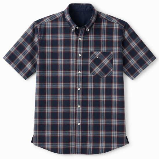 Men's Short Sleeve Plaid Shirt Cotton-Polyester DK Navy