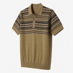 Men's Short Sleeve Fair Isle Shirt Cotton Khaki
