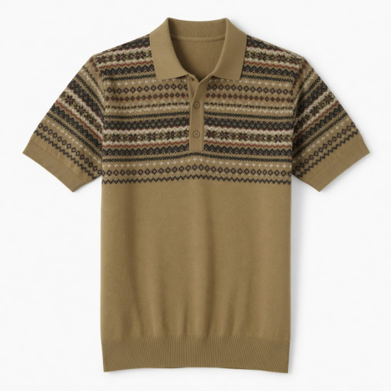 Men's Short Sleeve Fair Isle Shirt Cotton Khaki