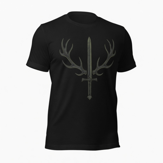 Men's Black Short Sleeve T Shirt, Cotton Poly, Antler Sword Design