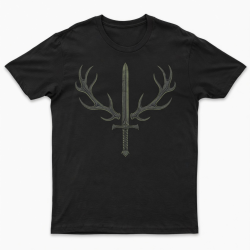 Men's Black Short Sleeve T Shirt, Cotton Poly, Antler Sword Design