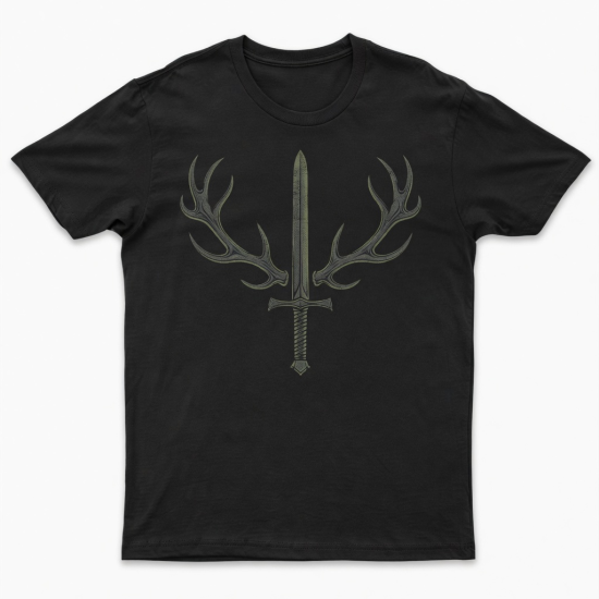 Men's Black Short Sleeve T Shirt, Cotton Poly, Antler Sword Design